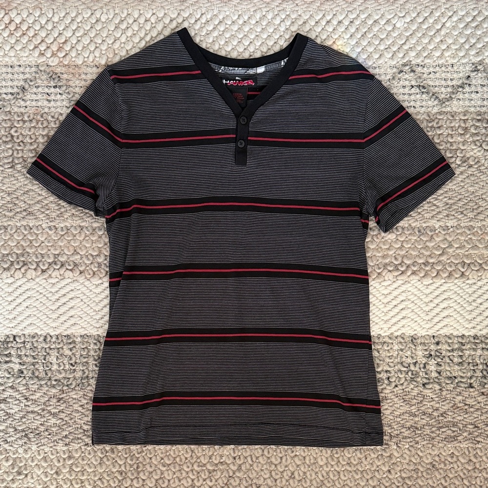 Tony Hawk Black and Red Striped Short Sleeve Henley Tee Shirt T-Shirt